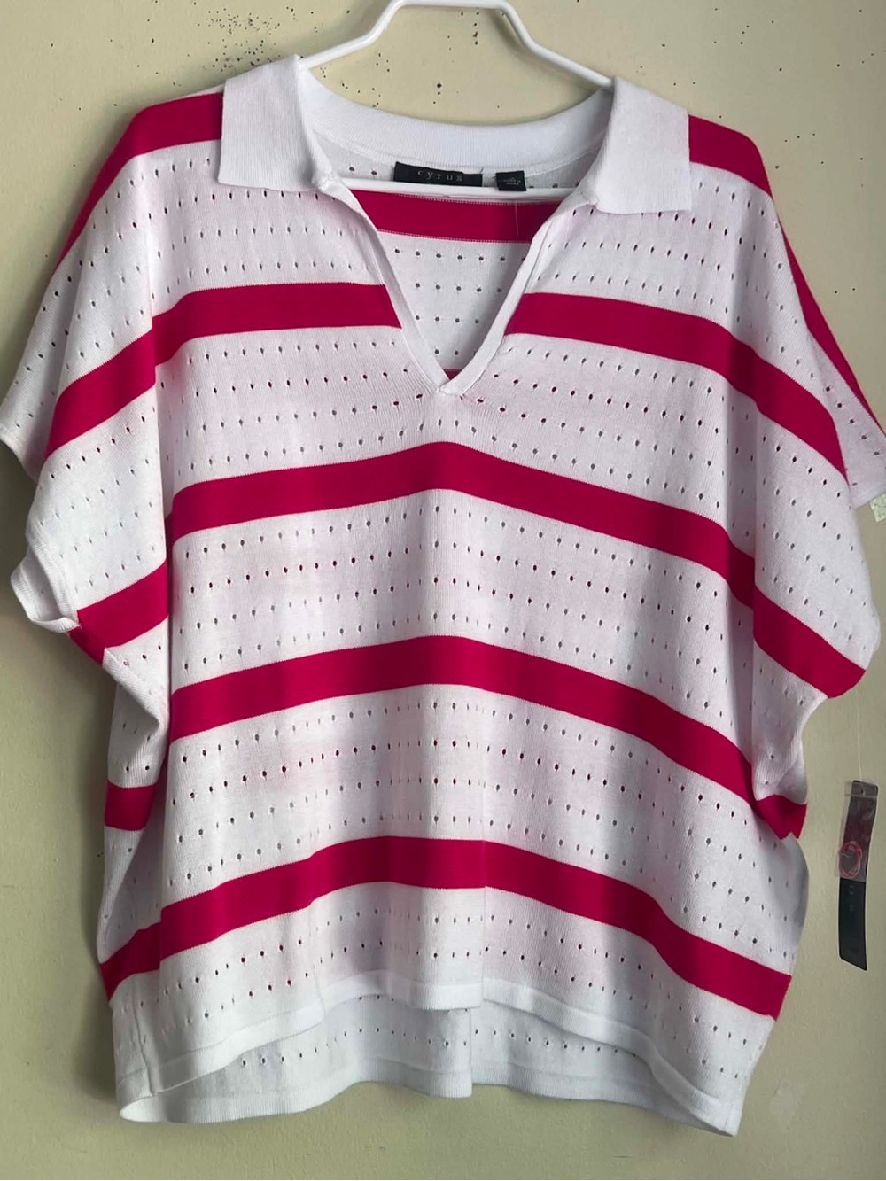 Cyrus White & Hot Pink Striped Polo Top